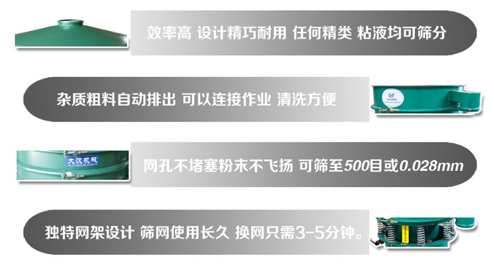 直徑1000mm振動篩的特點(diǎn)：效率高，設(shè)計(jì)精巧耐用，任何精類，粘液均可篩分，雜質(zhì)粗料自動排出，可以連接作業(yè)，清洗方便。網(wǎng)孔不堵塞粉末不飛揚(yáng)，可篩至500目或0。028mm篩網(wǎng)使用長久，換網(wǎng)只需3-5分鐘。