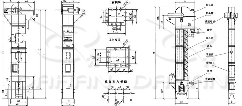 TD/D型斗式提升機基本結(jié)構(gòu):機頭蓋，機頭座，減速電機，直管，底座，緊張裝置等。