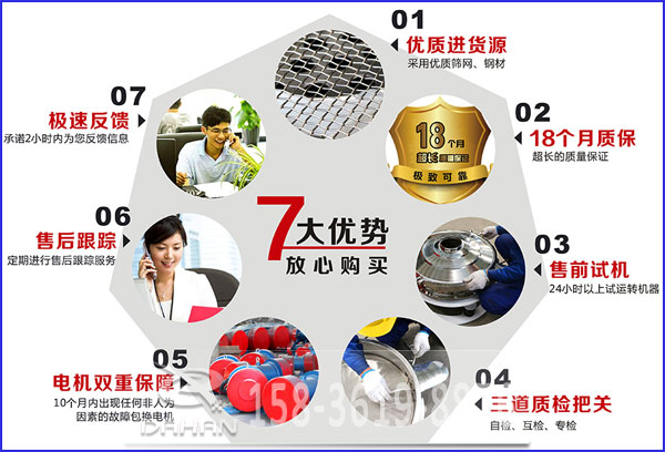 大漢食品振動(dòng)篩的7大優(yōu)勢(shì)：優(yōu)質(zhì)進(jìn)貨源，售后跟蹤，售前試機(jī)等。