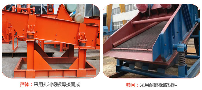 礦用振動篩特點：篩體采用扎制鋼板焊接而成，篩網(wǎng)采用耐磨橡膠材質(zhì)