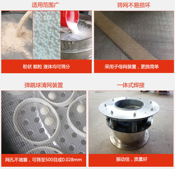食品振動(dòng)篩特點(diǎn)：1，效率高？：效率高，設(shè)計(jì)精巧耐用，任何粉類，粘液軍可篩分。2，操作簡(jiǎn)單采用優(yōu)質(zhì)材料，換網(wǎng)容易，操作簡(jiǎn)單，清洗方便。3，網(wǎng)孔不堵塞粉末不飛揚(yáng)，可篩至500目或0.028mm4，精細(xì)做工產(chǎn)品經(jīng)過嚴(yán)格加工程序，做工精細(xì)美觀耐用。5，獨(dú)特網(wǎng)架設(shè)計(jì)篩網(wǎng)使用時(shí)間長(zhǎng)久，換網(wǎng)只需3-5分鐘。