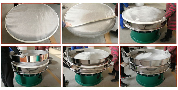 食品振動(dòng)篩網(wǎng)安裝步驟3，將密封圈安裝到網(wǎng)架周圍，將篩框放到網(wǎng)架上，并利用束環(huán)將上下兩層篩框固定在一起。
