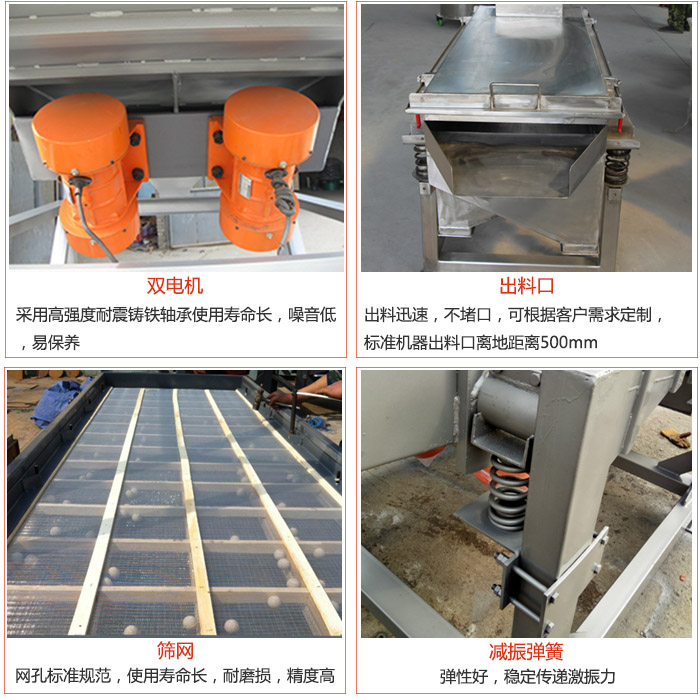 線振動篩配件優(yōu)勢：雙電機采用高強度耐震鑄鐵軸承使用壽命長，噪音低，易保養(yǎng)，出料口：出料迅速，不堵口，可根據(jù)客戶需求定制標準機器出料口離地距離500mm。篩網(wǎng)：網(wǎng)孔標準規(guī)范，使用壽命長，耐磨損，精度高。減震彈簧彈性好，穩(wěn)定傳遞激振力。