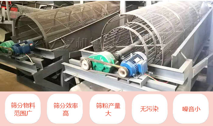 滾筒篩分機(jī)主要特點(diǎn)：篩分物料范圍廣，篩分效率高，篩分產(chǎn)量大，無污染，噪音小。