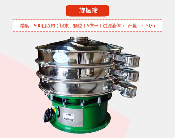 旋振篩精度：500目以內(nèi)（粉末，顆粒）5微米（過濾液體）產(chǎn)量：1-5t/h