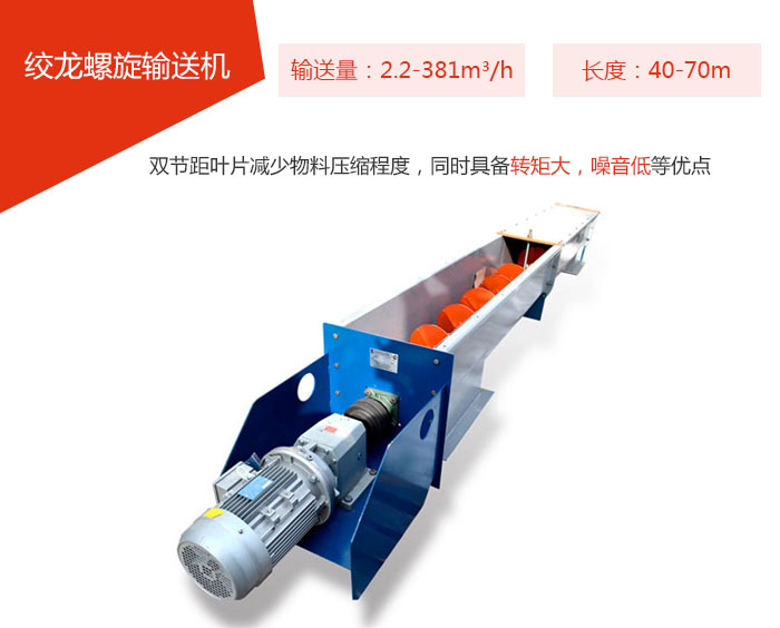 絞龍螺旋輸送機(jī)輸送量：2.2-381m3/h 長(zhǎng)度：40-70m 雙節(jié)距葉片減少物料壓縮程度，同時(shí)具備轉(zhuǎn)矩大，噪音低等優(yōu)點(diǎn)。