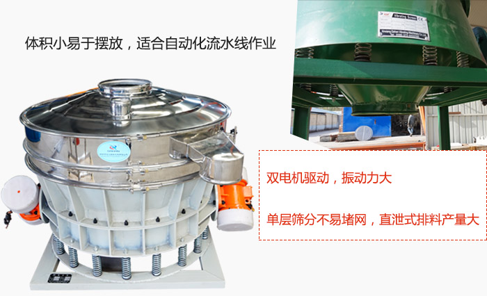 雙電機(jī)驅(qū)動(dòng)，振動(dòng)力大，單層篩分不易堵網(wǎng)，直泄式排料產(chǎn)量大