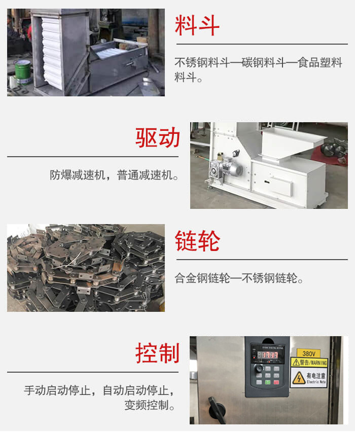 z型斗式提升機(jī)料斗：不銹鋼料斗-碳鋼料斗-食品塑料料斗。驅(qū)動裝置采用的式防爆減速機(jī)，普通減速機(jī)兩種。鏈輪采用合金鏈輪-不銹鋼鏈輪控制器：手動啟動/停止，以及自動啟動停止。