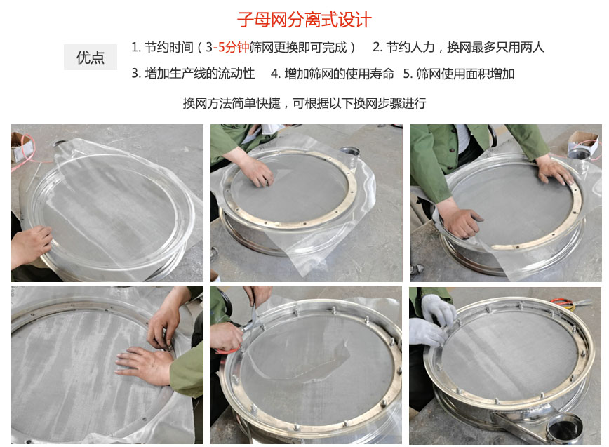 大漢振動(dòng)機(jī)械換網(wǎng)優(yōu)勢(shì)：1，節(jié)省時(shí)間（3-5分鐘篩網(wǎng)更換即可完成）2，節(jié)省人力，換網(wǎng)只有兩人。3.增加生產(chǎn)線的流暢性。4.增加篩網(wǎng)壽命，彈跳球不直接撞擊子網(wǎng)。5.篩網(wǎng)使用面積增加。