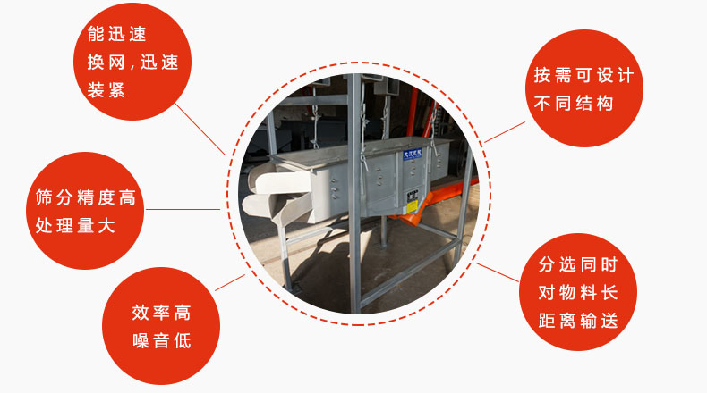 吊掛式振動篩優(yōu)勢：能迅速換網(wǎng)，迅速裝緊，篩分精度高，處理量大，效率高噪音低，分選同時對物料長距離輸送。按需可設(shè)計(jì)不同結(jié)構(gòu)。