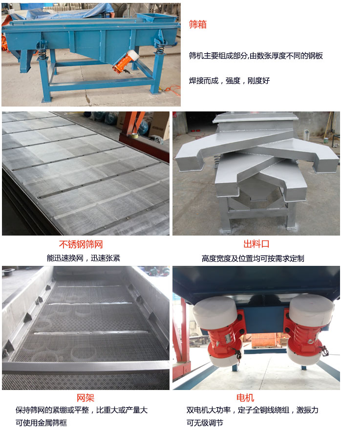 520型直線振動篩結(jié)構(gòu)：篩箱：篩機(jī)主要組成部分，由數(shù)張厚度不同的鋼板焊制而成，強(qiáng)度，剛度好。不銹鋼篩網(wǎng)：能迅速換網(wǎng)，迅速張緊。電機(jī)：雙電機(jī)大功率，定子全銅線繞組，激振力可無極調(diào)節(jié)。網(wǎng)架：保持篩網(wǎng)的緊繃和平整，比重大或產(chǎn)量大時可使用金屬篩框。出料口：高度寬度及位置均可按照用戶的要求來定制。