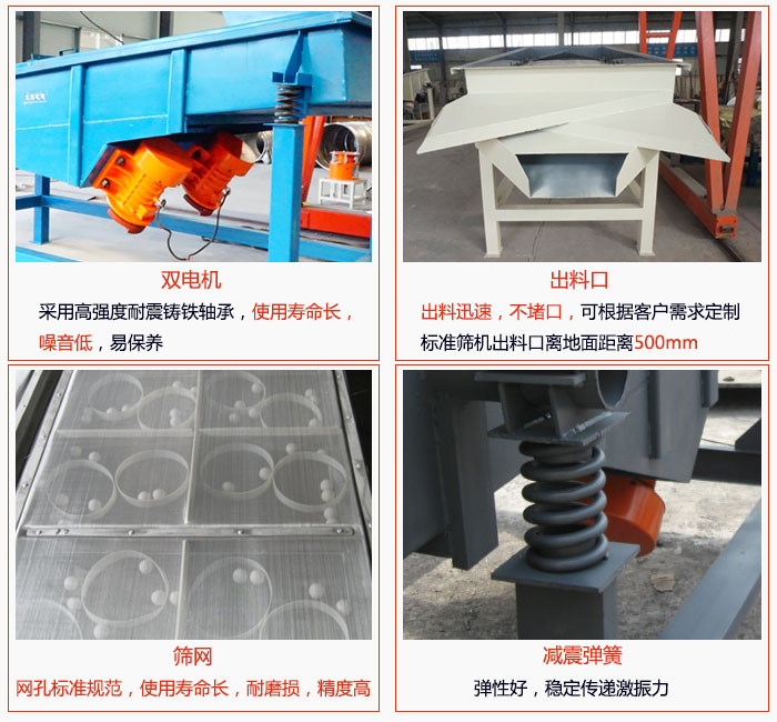 1030直線振動(dòng)篩雙電機(jī)采用高強(qiáng)度耐震鑄鐵軸承使用壽命長(zhǎng)、噪音低，易保養(yǎng)；出料口排料迅速，不堵口，可根據(jù)客戶需求定制，標(biāo)準(zhǔn)機(jī)器出料口離地面距離500mm;篩網(wǎng)網(wǎng)孔標(biāo)準(zhǔn)規(guī)范、使用壽命長(zhǎng)，耐磨損、精度高；減震彈簧：彈性好，穩(wěn)定傳遞激振力。