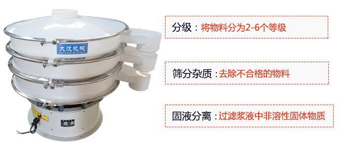 600型聚丙烯振動(dòng)篩優(yōu)勢：分級：將物料京分為2-6個(gè)等級。篩分雜質(zhì)：去除不合格的物料。固液分離：過濾漿液中非溶性固體物質(zhì)。