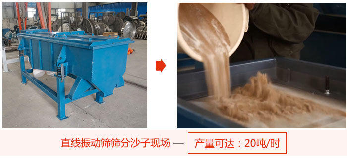 直線振動篩篩分沙子現(xiàn)場展示，產(chǎn)量高達20噸每小時。