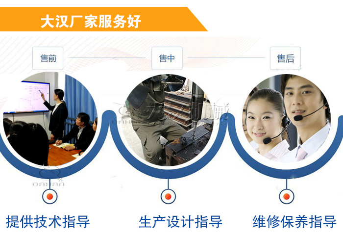 大漢廠家服務(wù)流程：售前-售中-售后：提供技術(shù)指導(dǎo)，生產(chǎn)設(shè)計指導(dǎo)，維修保養(yǎng)指導(dǎo)。