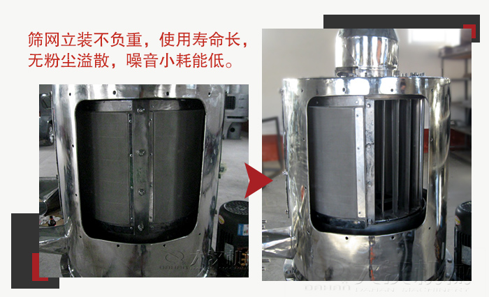 氣流篩采用立式篩網(wǎng)，不受物料的沖擊力的影響，篩網(wǎng)使用壽命長