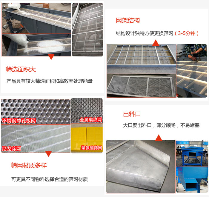 多層直線振動篩篩選面積大，網(wǎng)架結構方便篩網(wǎng)更換，篩網(wǎng)可選：不銹鋼沖孔板，金屬編織，尼龍篩網(wǎng)，聚氨酯篩網(wǎng)等。