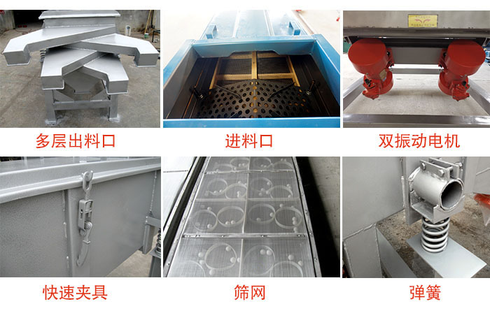 多層直線振動篩出料口，篩網(wǎng)，彈簧，快速夾具，振動電機等