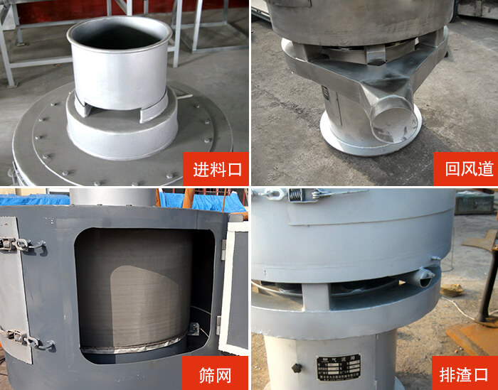 氣流篩分機(jī)進(jìn)料口，回風(fēng)道，篩網(wǎng)，排渣口。