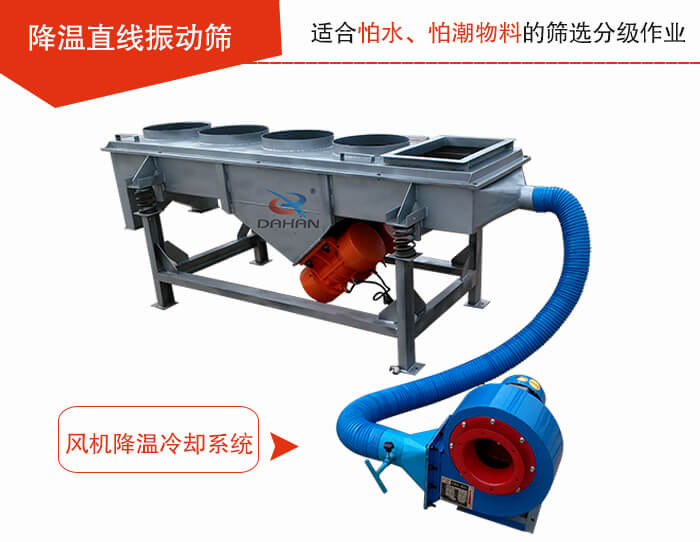 降溫直線振動篩加裝風(fēng)機或水箱降溫方式完成物料的降溫需求。