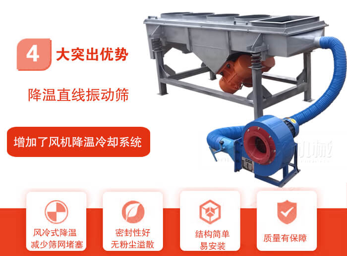 降溫直線振動篩性能特點：1，技術(shù)成熟，質(zhì)量可靠，篩分精度高，處理量大。2，風(fēng)冷式降溫系統(tǒng)設(shè)計，快速有效降溫。3，適用范圍廣，可應(yīng)用于各種需要降溫的物料。4，設(shè)計精巧合理，結(jié)構(gòu)簡單，易安裝，耗能少，噪音低5，篩網(wǎng)使用壽命長，換網(wǎng)更方便，快捷6，設(shè)備整體密封性好，無粉塵溢散。