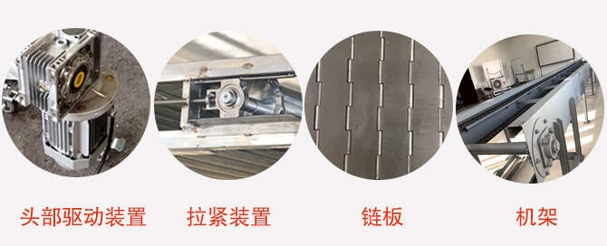 鏈板輸送機(jī)結(jié)構(gòu)：頭部驅(qū)動(dòng)裝置，拉緊裝置，鏈板，機(jī)架等圖片展示
