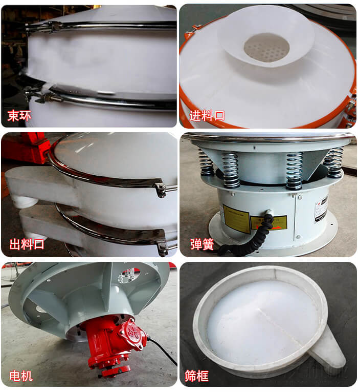 塑料防腐蝕振動(dòng)篩細(xì)節(jié):進(jìn)料口，框體，網(wǎng)架底框，出料口等。