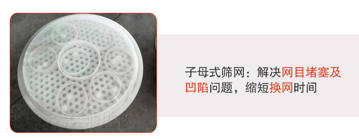 塑料防腐蝕振動(dòng)篩采用子母扣式網(wǎng)架可安裝彈跳球進(jìn)行清網(wǎng)，解決篩網(wǎng)堵塞問(wèn)題。
